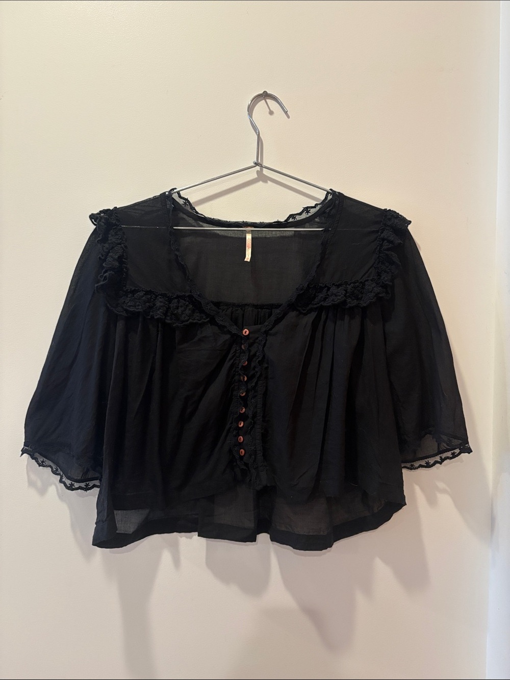 Free People Black Lace-Trim Peasant Button Blouse